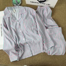 韩系简约撞色条纹睡衣女2026新款夏宽松慵懒长袖长裤家居服两件套