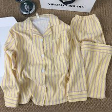 韩系简约撞色条纹睡衣女2026新款夏宽松慵懒长袖长裤家居服两件套