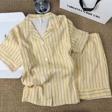 韩系简约撞色条纹睡衣女2026新款夏宽松慵懒短袖短裤家居服两件套