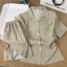韩系简约撞色条纹睡衣女2026新款夏宽松慵懒短袖短裤家居服两件套