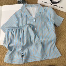 韩系简约撞色条纹睡衣女2026新款夏宽松慵懒短袖短裤家居服两件套