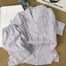 韩系简约撞色条纹睡衣女2026新款夏宽松慵懒短袖短裤家居服两件套