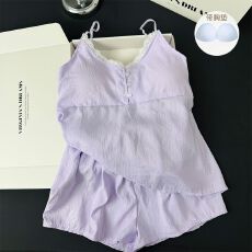 批发夏季新款吊带短裤带胸垫睡衣女云朵棉高级感甜美格子家居服套装