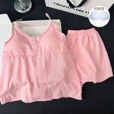 批发夏季新款吊带短裤带胸垫睡衣女云朵棉高级感甜美格子家居服套装