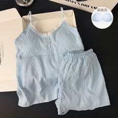 批发夏季新款吊带短裤带胸垫睡衣女云朵棉高级感甜美格子家居服套装