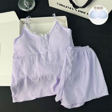 批发夏季新款吊带短裤带胸垫睡衣女云朵棉高级感甜美格子家居服套装
