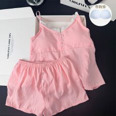 批发夏季新款吊带短裤带胸垫睡衣女云朵棉高级感甜美格子家居服套装