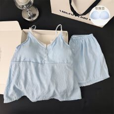 批发夏季新款吊带短裤带胸垫睡衣女云朵棉高级感甜美格子家居服套装