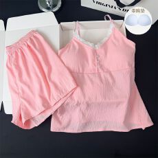 批发夏季新款吊带短裤带胸垫睡衣女云朵棉高级感甜美格子家居服套装