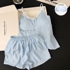 批发夏季新款吊带短裤带胸垫睡衣女云朵棉高级感甜美格子家居服套装