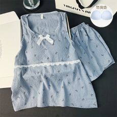 带胸垫夏季新款背心短裤睡衣女可爱甜美薄款云朵棉家居服套装