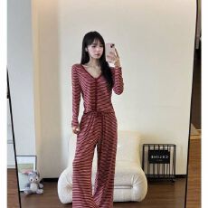 宏达盛爆款慵懒风红色条纹睡衣女秋春季长袖长裤高级感家居服