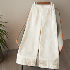 批发实拍新中式国风国潮缎面提花纯色休闲百搭松紧腰垂感阔腿裤长裤