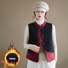 批发实拍秋冬中式复古盘扣立领拼接显瘦百搭夹棉马甲外套减龄小棉袄