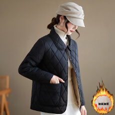 批发实拍秋冬新款文艺大码翻领纯色菱格加绒保暖棉衣百搭显瘦棉服外套