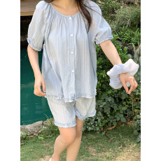 批发实拍 夏季新款chic风纯棉法式提花休闲<b class='q'>大码</b>木耳边睡衣套<b class='q'>装</b>带发圈