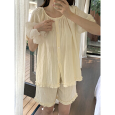 批发实拍 夏季新款chic风纯棉法式提花休闲<b class='q'>大码</b>木耳边睡衣套<b class='q'>装</b>带发圈