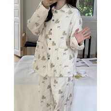 实拍 冬季ins加厚三层夹棉韩系小熊小翻领宽松大码家居服睡衣套装