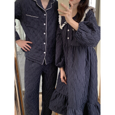 批发实拍 ins冬季加厚三层夹棉保暖条纹情侣款睡衣套装睡裙连衣裙