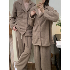 批发实拍冬季双面绒韩系简约翻领纯色情侣家居服睡衣套装