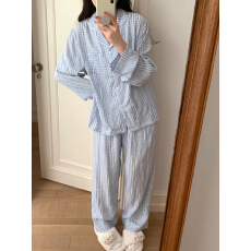 批发实拍实价 秋季新款INS休闲格子<b class='q'>纯棉</b>纱宽松家居服<b class='q'>睡衣</b>套装
