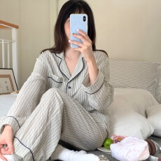 实拍实价26早春新款纯棉条纹宽松大码家居服睡衣套装