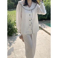 实拍实价26款早春新款纯棉条纹木耳边宽松大码休闲居家睡衣套装