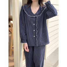 实拍实价26款早春新款纯棉条纹木耳边宽松大码休闲居家睡衣套装