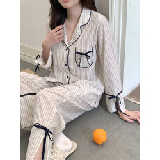 批发实拍韩系条纹全棉条蝴蝶结系带<b class='q'>家居服</b>睡衣套装