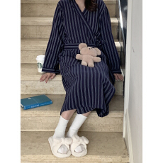 批发实拍韩系简约条纹双层棉纱全棉家居服睡袍浴袍