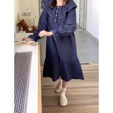 批发实拍实价韩系洗水全棉波点宽松大版花边家居服睡裙连衣裙可外穿