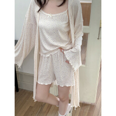 批发实拍实价春季韩系INS小碎花亲肤提花针织浴袍吊带短裤3件套