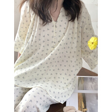 批发实拍实价韩系圆领宽松大码木耳边小碎花双层棉纱家居服睡衣套装