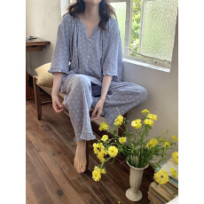 批发实拍实价韩系圆领宽松大码木耳边小碎花双层棉纱家居服睡衣套装