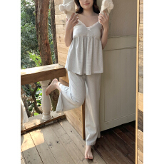 批发实拍实价韩系简约条纹全棉针织吊带长裤家居服睡衣套装带胸垫