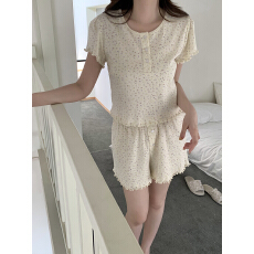 批发实拍实价 韩系小碎花短袖短裤BN风<b class='q'>全棉</b>提花针织家居服套装