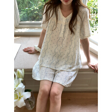 批发实拍实价 韩系小碎花双层棉纱<b class='q'>全棉</b>带发圈家居服短袖短裤套装