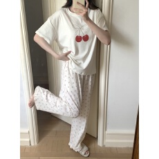 批发<b class='q'>夏季</b>韩系小樱桃印花全棉宽松家居服<b class='q'>睡衣</b>套装