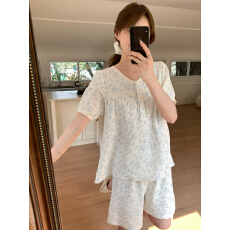 批发实拍实价 韩系小兰花<b class='q'>全棉</b>双层棉家居服套装带发圈短裤