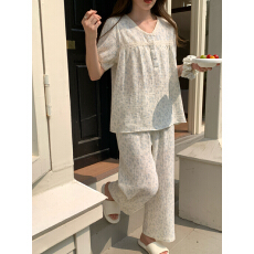 批发实拍实价 韩系小兰花<b class='q'>全棉</b>双层棉家居服套装带发圈长裤