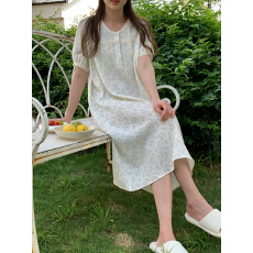 批发实拍实价 韩系小兰花全棉双层棉家居服带发圈睡裙