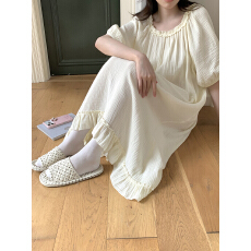 实拍实价韩系纯色仙女木耳边双层棉纱全棉家居服睡裙连衣裙