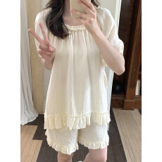 实拍实价韩系纯色木耳边双层棉纱全棉宽松家居服睡衣套装