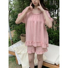 实拍实价韩系纯色木耳边双层棉纱全棉宽松家居服睡衣套装