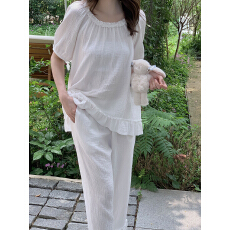 实拍实价韩系纯色棉纱木耳边宽松家居服睡衣套装