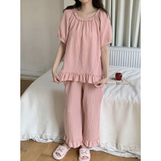 实拍实价韩系纯色棉纱木耳边宽松家居服睡衣套装