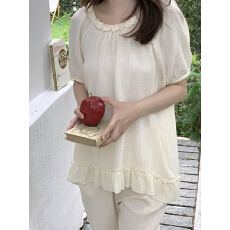 实拍实价韩系纯色棉纱木耳边宽松家居服睡衣套装