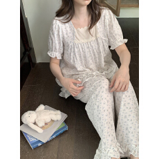 批发实拍实价 韩系小蓝花印花<b class='q'>全棉</b>平纹双层纱宽松大码家居服套装