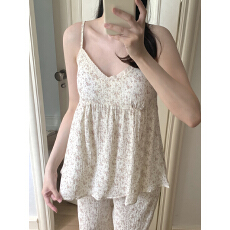 批发实拍实价 韩系<b class='q'>全棉</b>双层棉纱小碎花吊带家居服套装带胸垫