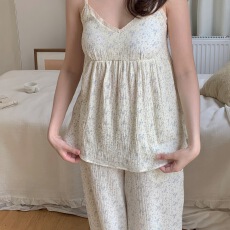 批发实拍实价 韩系<b class='q'>全棉</b>双层棉纱小碎花吊带家居服套装带胸垫